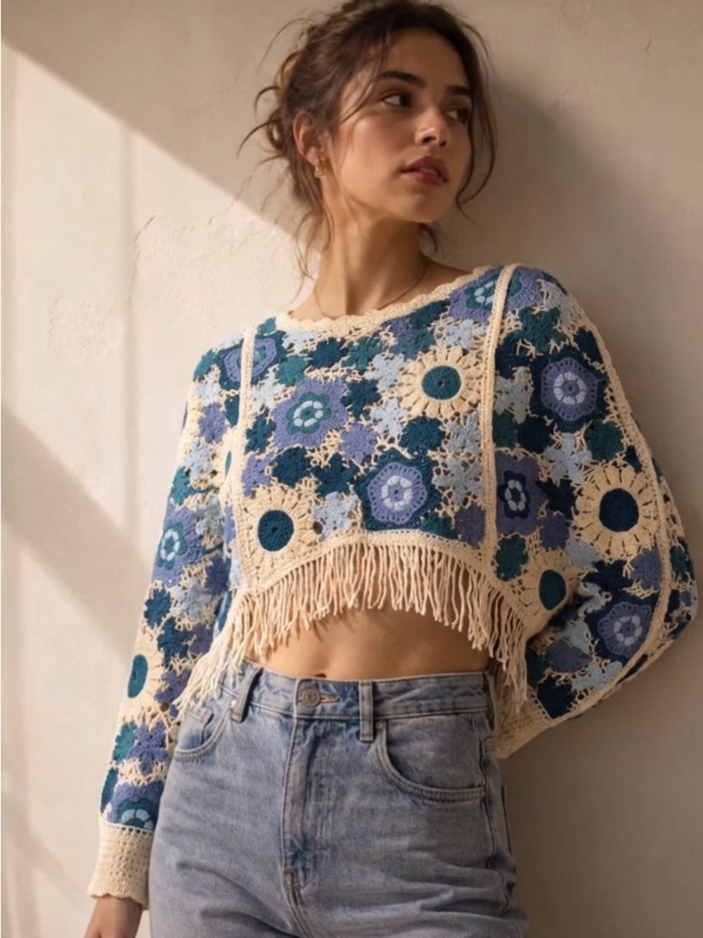 House of Harlow Vintage-Inspired Floral Crochet Cropped Sweater with Fringe OS